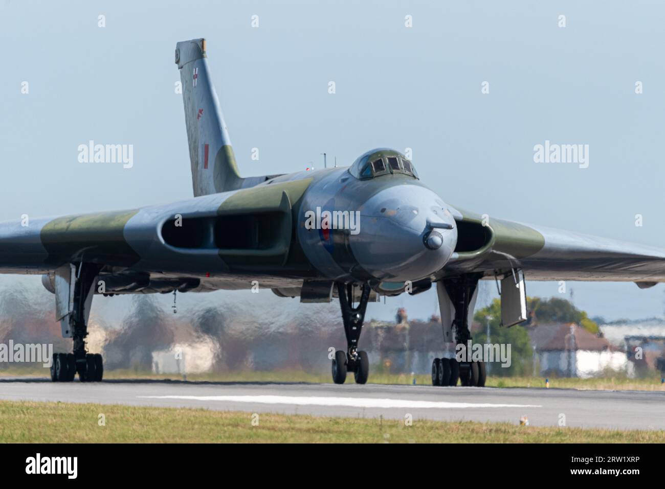 London Southend Airport, Essex, UK. 16th Sep, 2023. A former RAF Cold War Avro Vulcan B2 jet bomber has been run down the runway at London Southend Airport for a special event. The aircraft, serial number XL426, first flew in 1962 & served with the RAF until 1986. It has since been restored to ground running condition by the Vulcan Restoration Trust charity which is entirely public donation funded. A limited number of paying guests viewed from inside the airport. The Trust's operation and engineering teams are all volunteers Stock Photo
