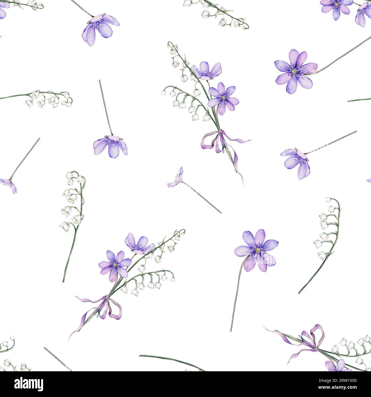 Seamless pattern watercolor spring flowers. Coppice, hepatica - first spring flowers. Spring lily of the valley Illustration of delicate lilac flowers Stock Photo