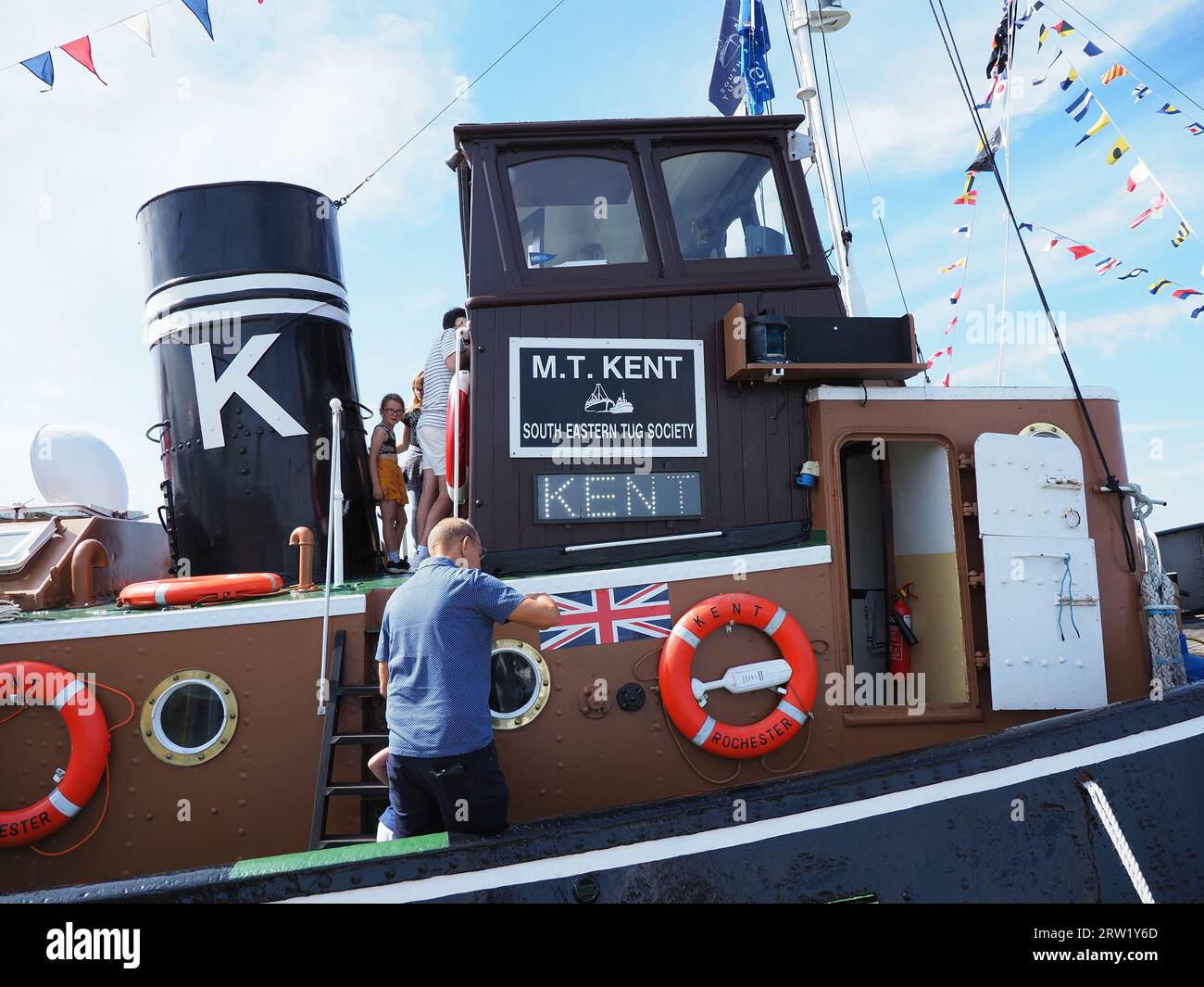 Queenborough, Kent, UK. 16th Sep, 2023. Fine weather for the annual Classic Boat Festival organised in Queenborough, Kent this afternoon organised by the Queenborough Harbour Trust. Pic: tug Kent built in 1948 (originally berthing ships at Rochester & Sheerness). Credit: James Bell/Alamy Live News Stock Photo