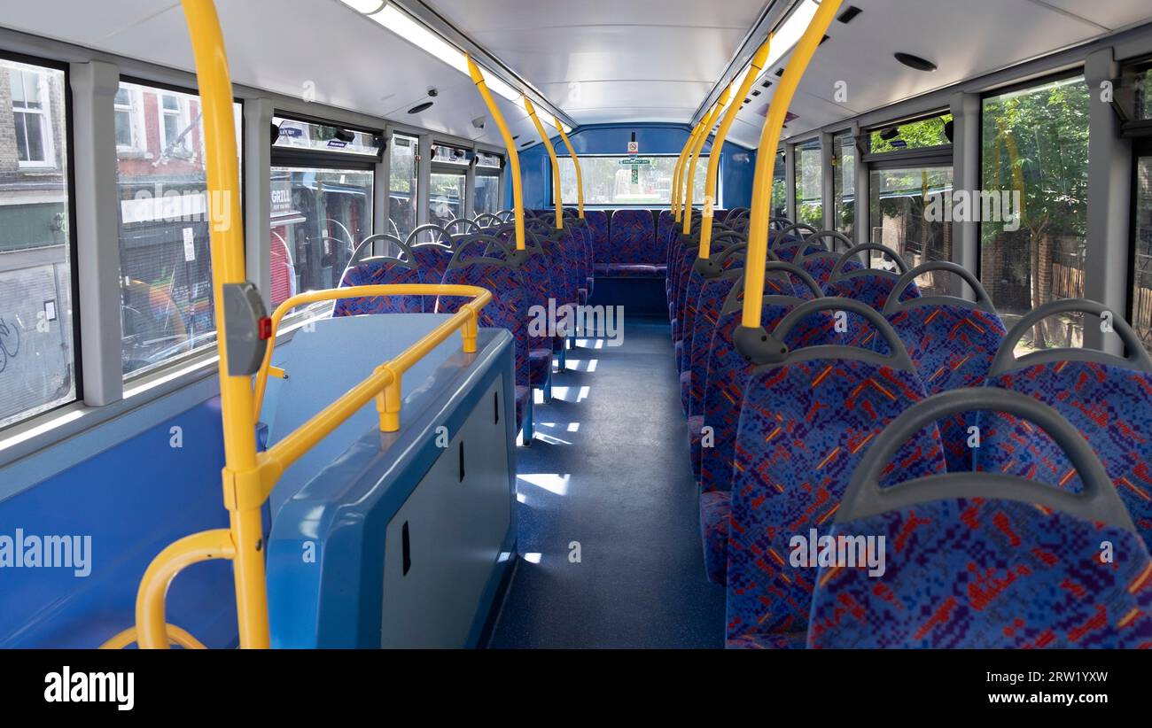 View of empty seats nobody top of double decker London bus interior inside public transport in England UK 2023 Great Britain KATHY DEWITT Stock Photo