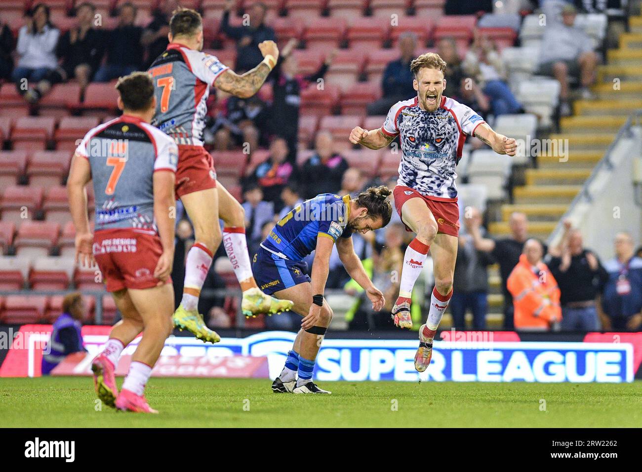 Leigh, England 15th September 2023 Ben Reynolds of Leigh Leopards celebrates winning golden