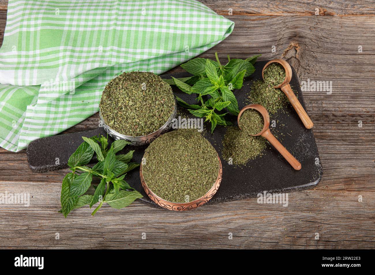 Natural dried mint herb (Mentha). Pile of Whole Dry (Dried) Mint Leaves. Dried Mint. Dried