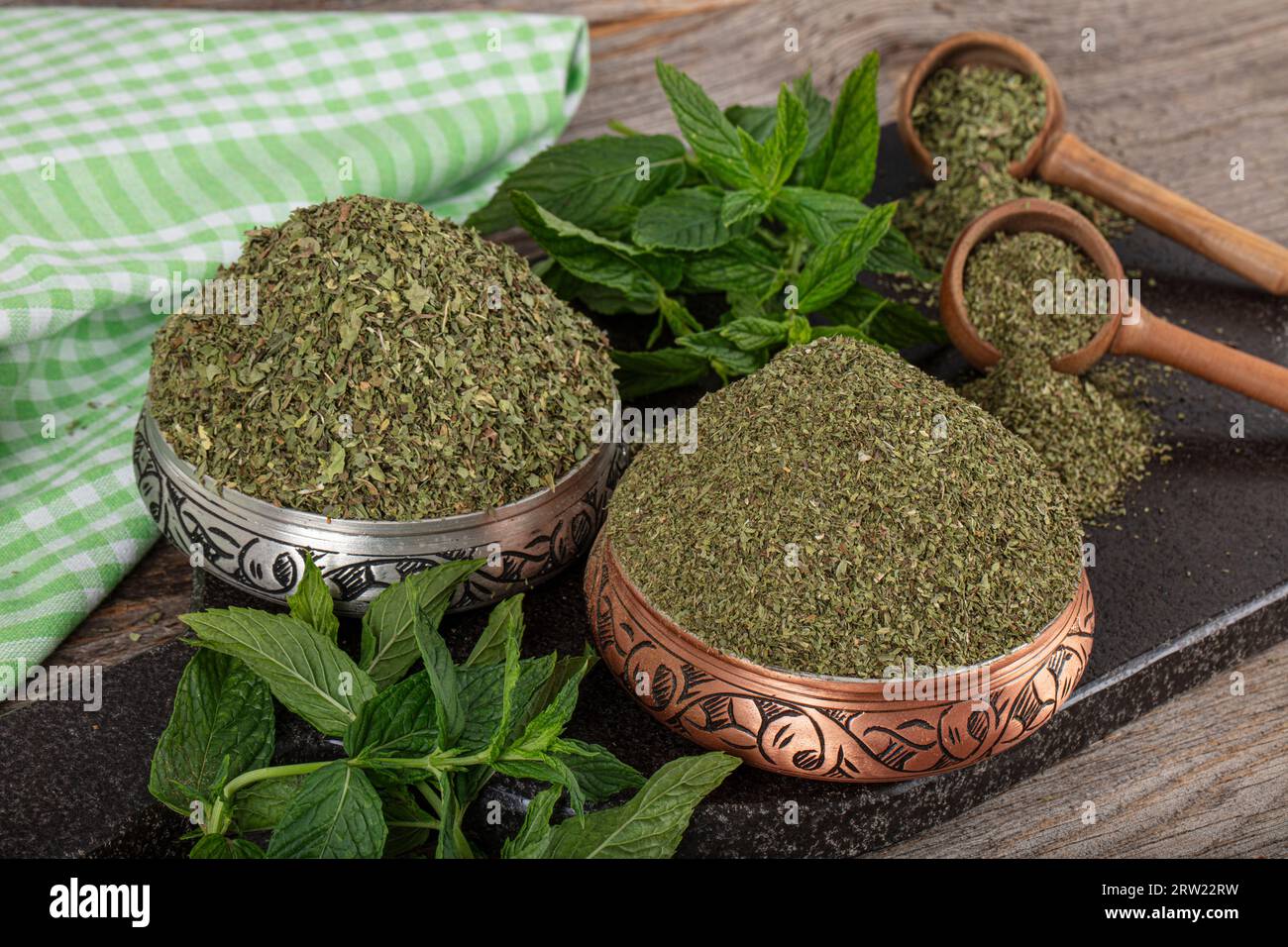 Natural dried mint herb (Mentha). Pile of Whole Dry (Dried) Mint Leaves. Dried Mint. Dried