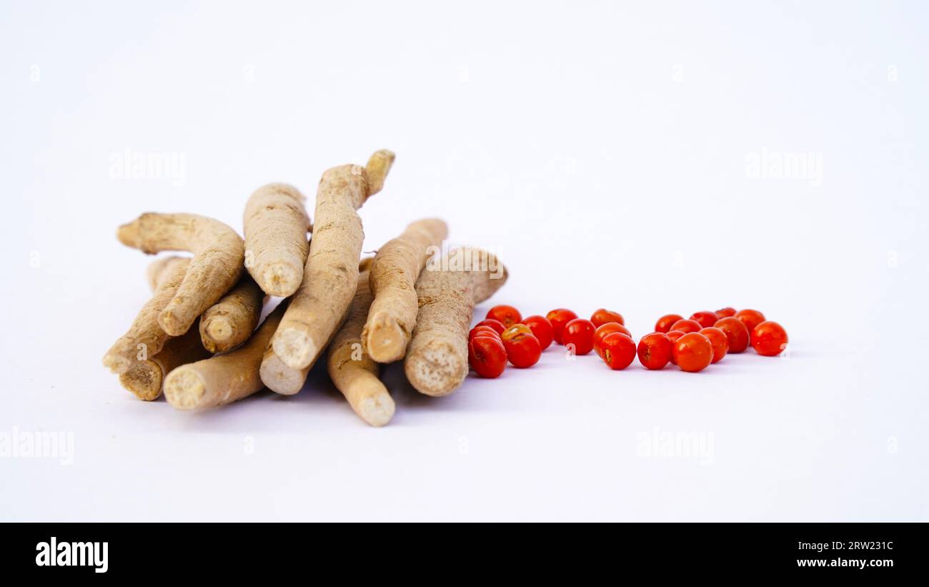 Ashwagandha Dry Root Medicinal Herb with Fresh Leaves, also known as Withania Somnifera