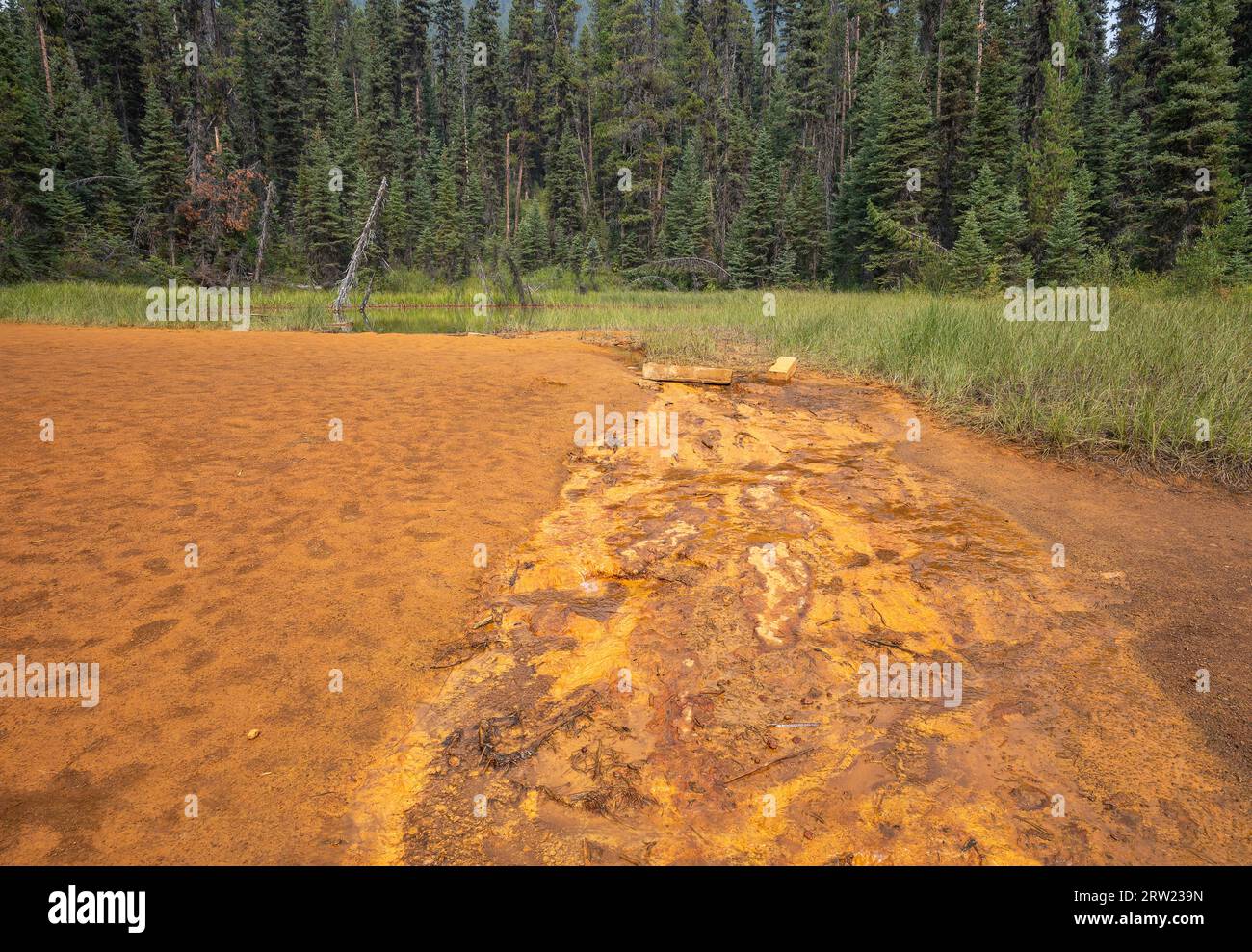 The site of an abandoned ochre mine resulting in stained ground in Kootenay National Park, British Columbia, Canada Stock Photo