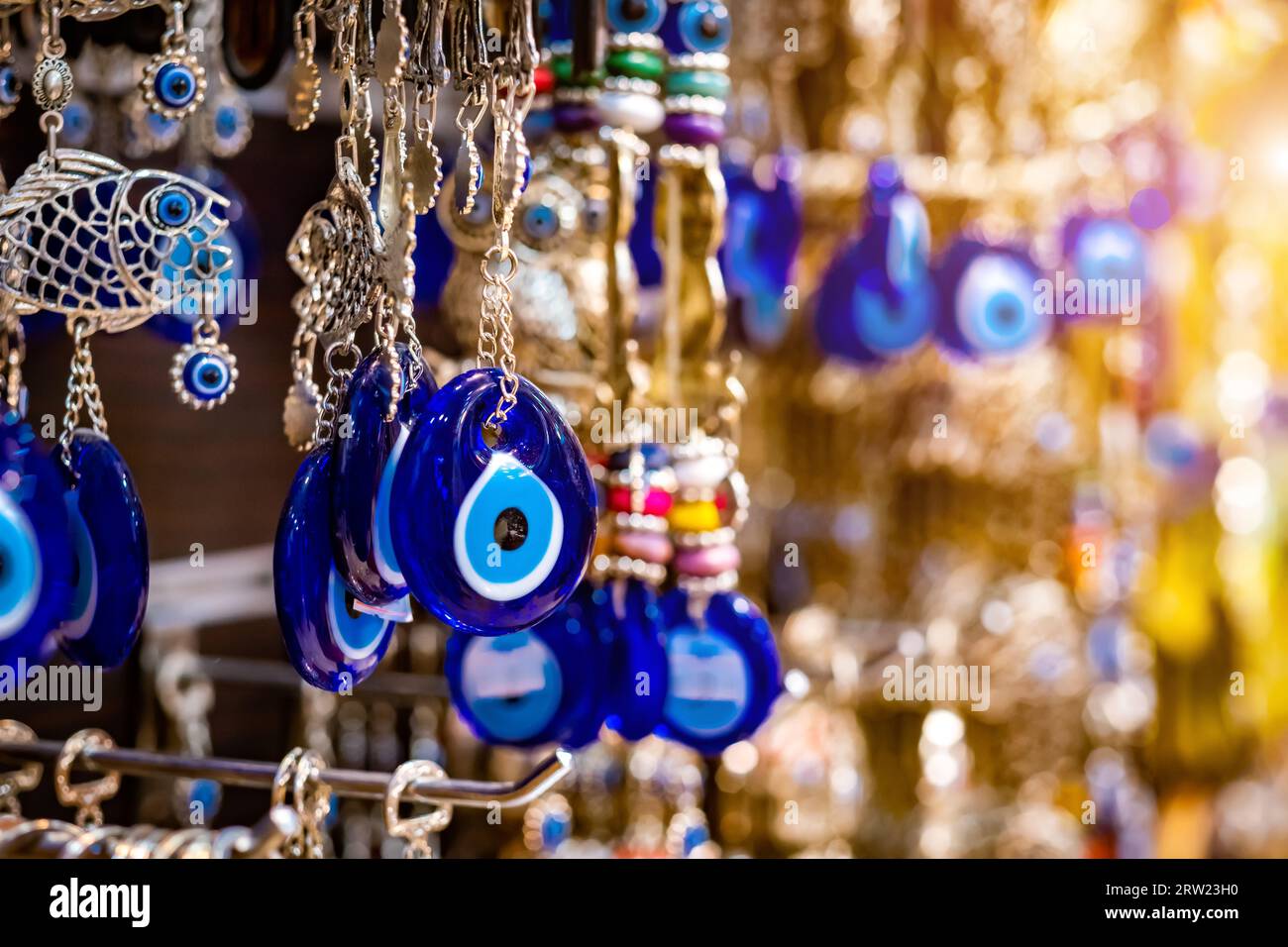Beatiful nazars, eye shaped amulets in open market at local bazaar in ...