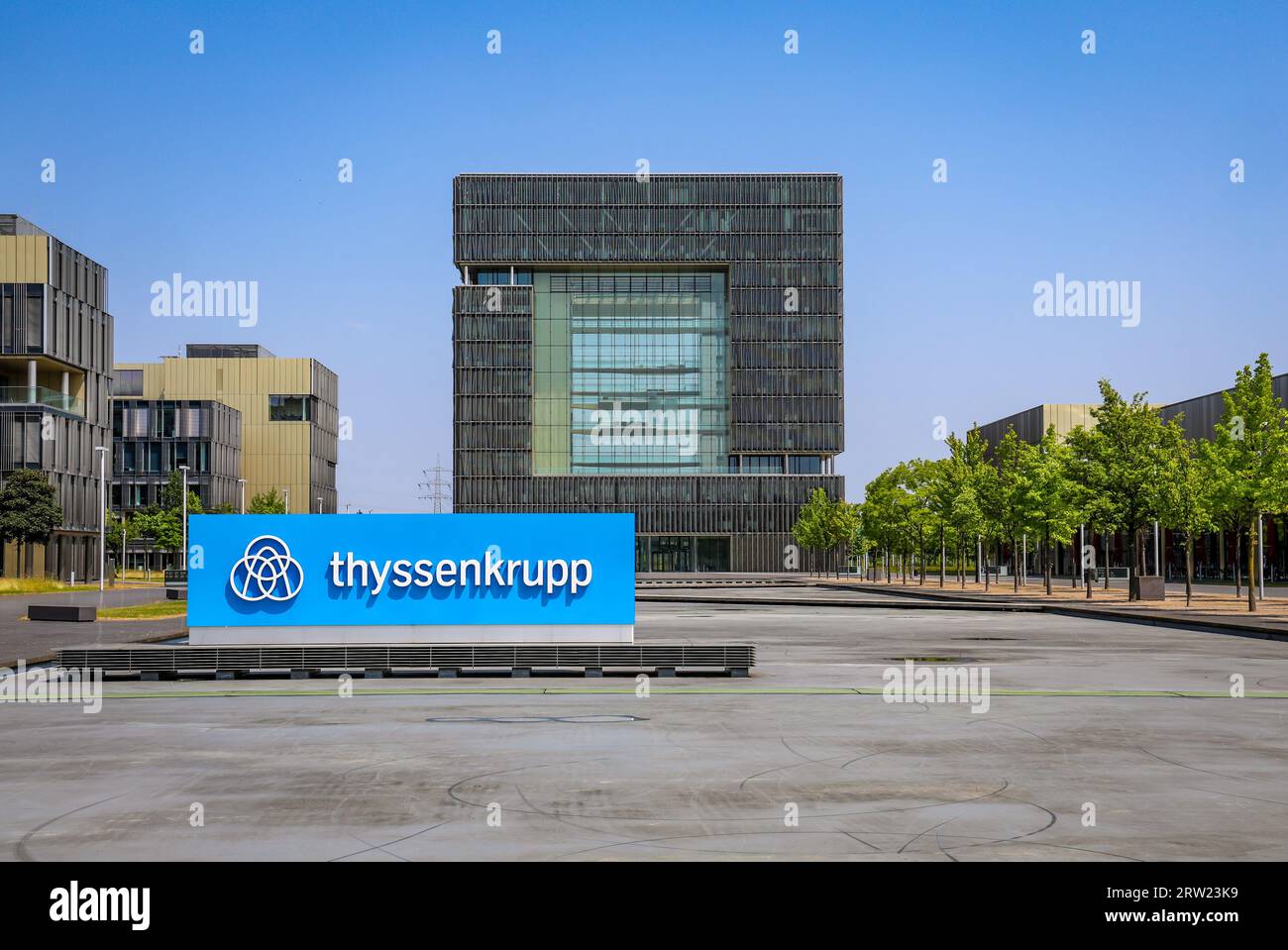 08.06.2023, Germany, North Rhine-Westphalia, Essen - ThyssenKrupp, company logo in front of the headquarters. The Essen-based Thyssenkrupp AG is an in Stock Photo