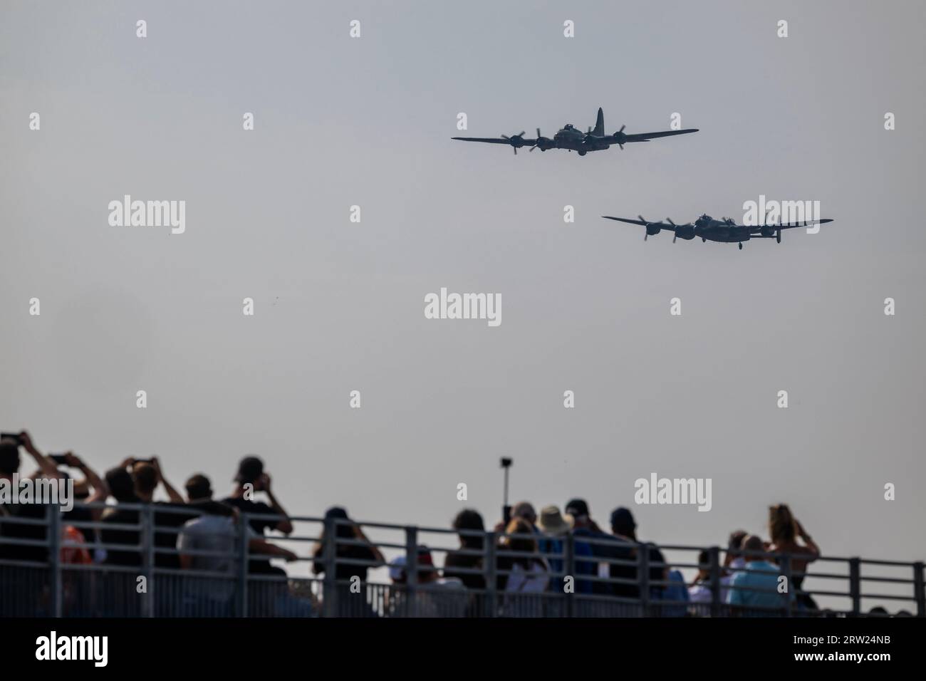 Duxford, UK. 16th Sep, 2023. Bomber Formation, Boeing B-17 Flying Fortress, Sally B, and Avro Lancaster B1 - The Duxford Battle of Britain Air Show at the Imperial War Museum (IWM) Duxford. Credit: Guy Bell/Alamy Live News Stock Photo