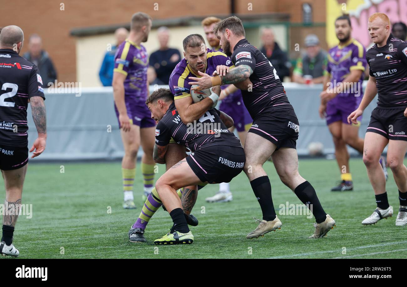 Newcastle, UK. 11th June, 2023. Jay Chapelhow of Newcastle Thunder is tackled during the BETFRED Championship match between Newcastle Thunder and Barrow Raiders at Kingston Park, Newcastle on Saturday 16th September 2023. (Photo: Chris Lishman | MI News) Credit: MI News & Sport /Alamy Live News Stock Photo