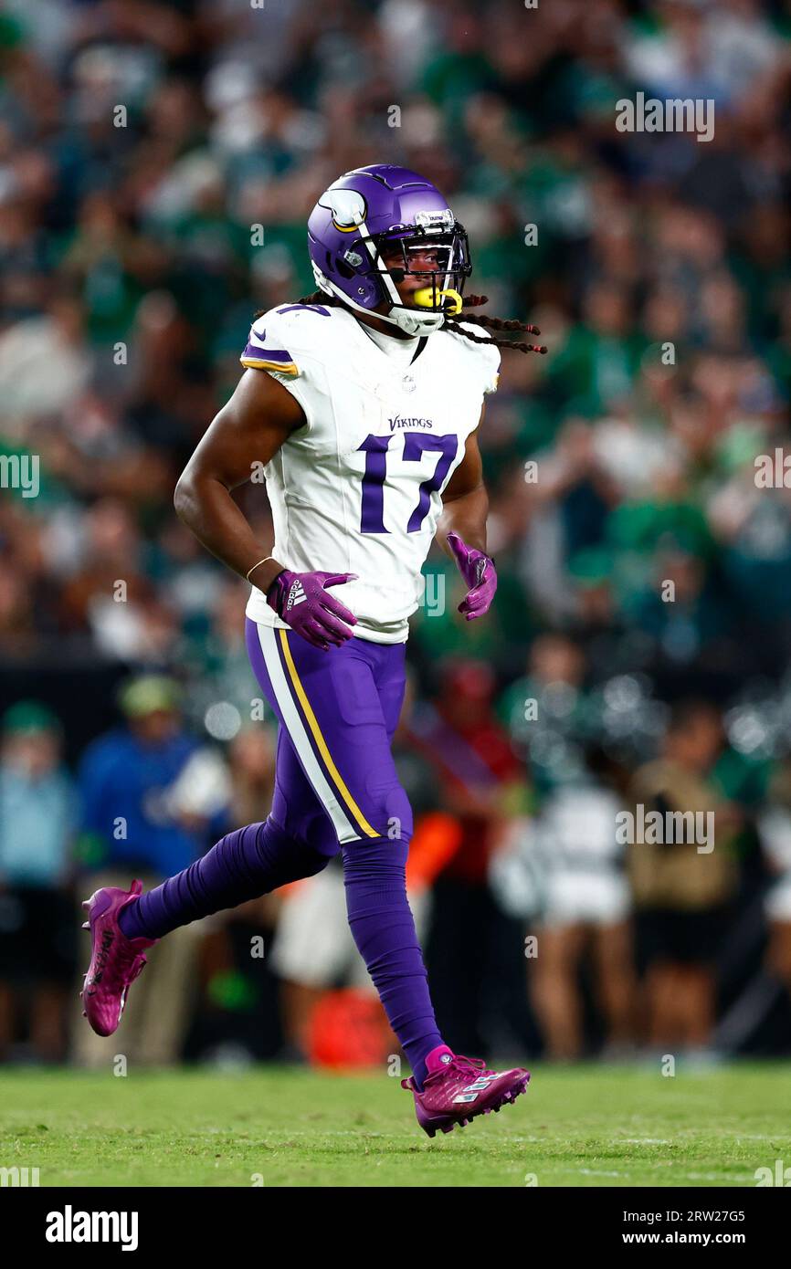 Minnesota Vikings wide receiver K.J. Osborn (17) runs up field during the  second half of an NFL football game against the Philadelphia Eagles,  Monday, Sept. 19, 2022, in Philadelphia. (AP Photo/Chris Szagola