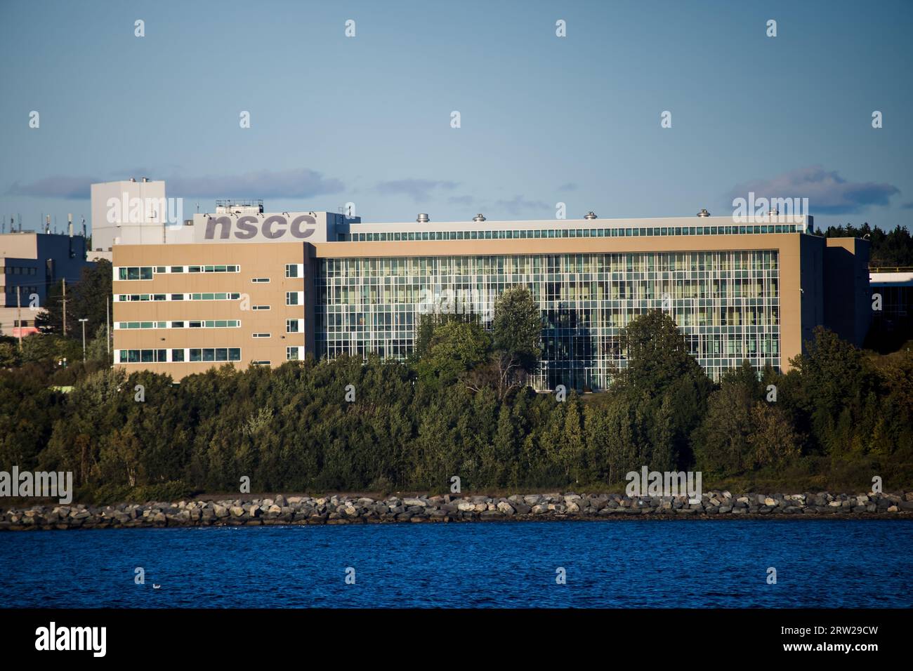 NSCC Akerley Campus at Dartmouth. NOVA SCOTIA COMMUNITY COLLEGE Banner at its campus at waterfront has 13 campuses and 6 learning centers. HALIFAX, NS Stock Photo