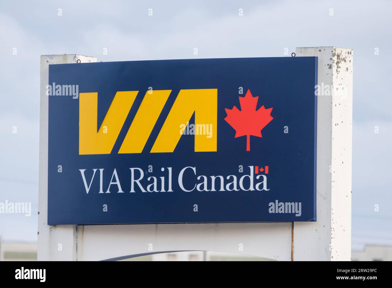 VIA Rail Canada Logo Banner at Halifax Inter-city Railway Station. Halifax forms eastern transcontinental of the VIA Rail linking Montreal to Halifax Stock Photo