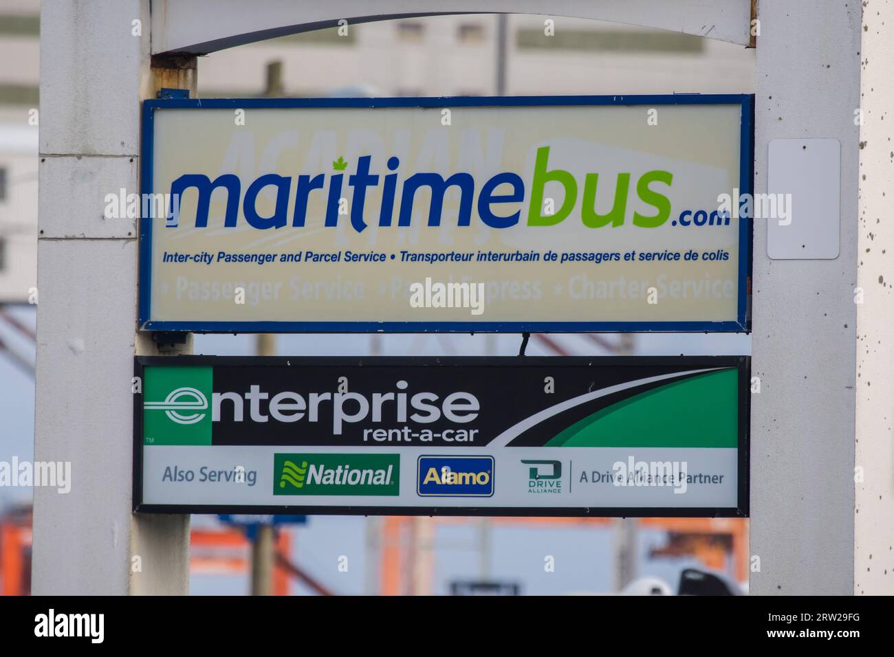 MaritimeBus.com and Enterprise Rent-a-Car banners at Halifax Train Station. Halifax, Nova Scotia, Canada Stock Photo