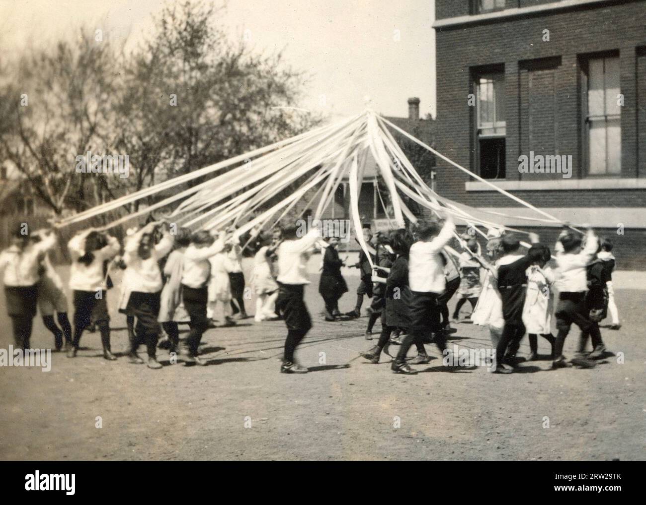 Maypole about 1900, May Pole dance celebrating May Day Stock Photo