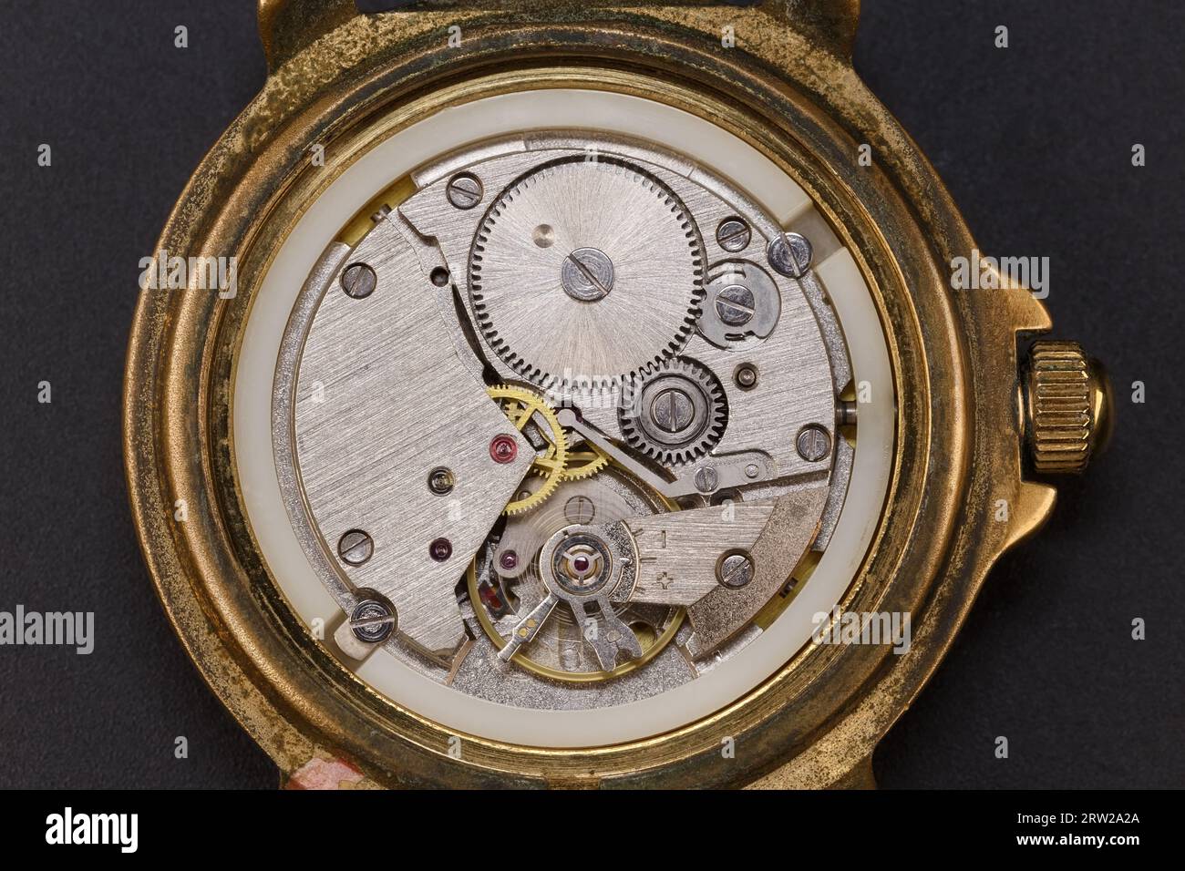 Clock mechanism of an old wristwatch. Macro photography Stock Photo