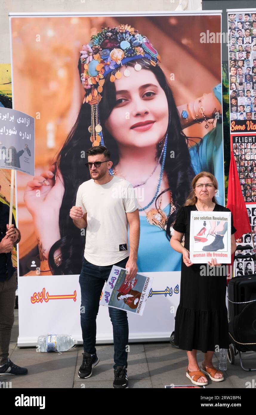 Trafalgar Square, London, UK. 16th Sept 2023. Protests in London on the first anniversary of the death of Mahsa Amini who was arrested by Iranian morality police after not wearing a Hijab. Credit: Matthew Chattle/Alamy Live News Stock Photo