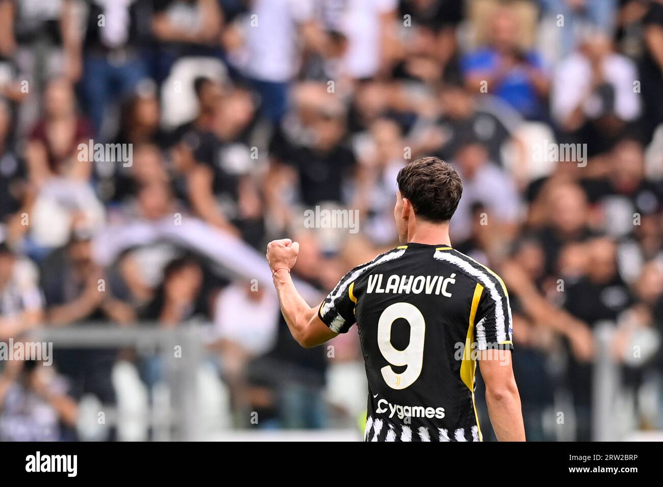 Juventus' Dusan Vlahovic celebrates after scoring his side's third goal  during a Serie A soccer match between Juventus and Lazio, at Turin's  Juventus Stadium, northern Italy, Saturday, Sept. 16, 2023. (Fabio  Ferrari/LaPresse, image size:1300x956
