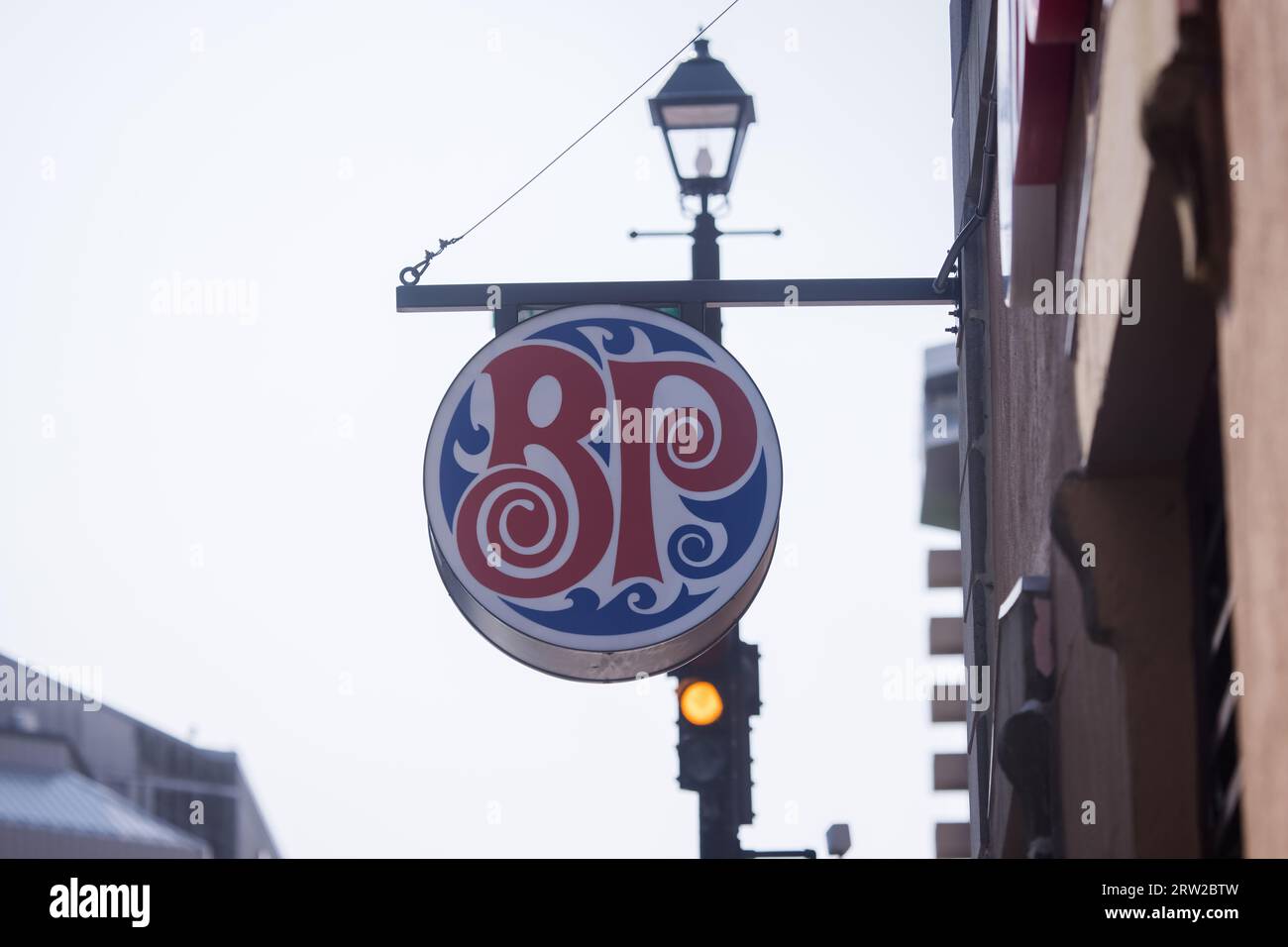Boston Pizza banner at the restaurant. Canadian multinational