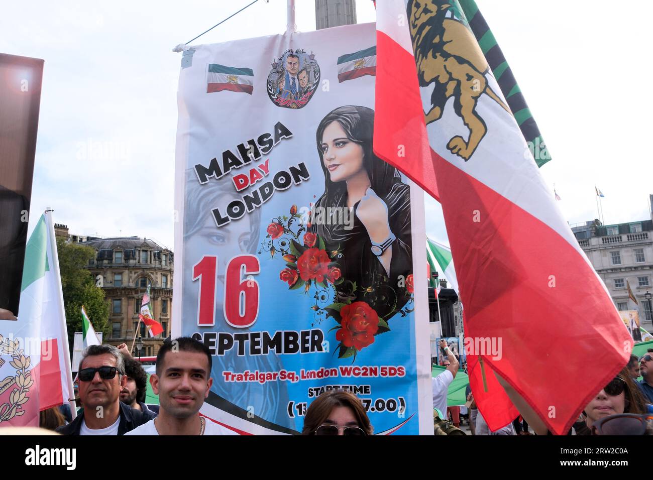 Trafalgar Square, London, UK. 16th Sept 2023. Protests in London on the first anniversary of the death of Mahsa Amini who was arrested by Iranian morality police after not wearing a Hijab. Credit: Matthew Chattle/Alamy Live News Stock Photo