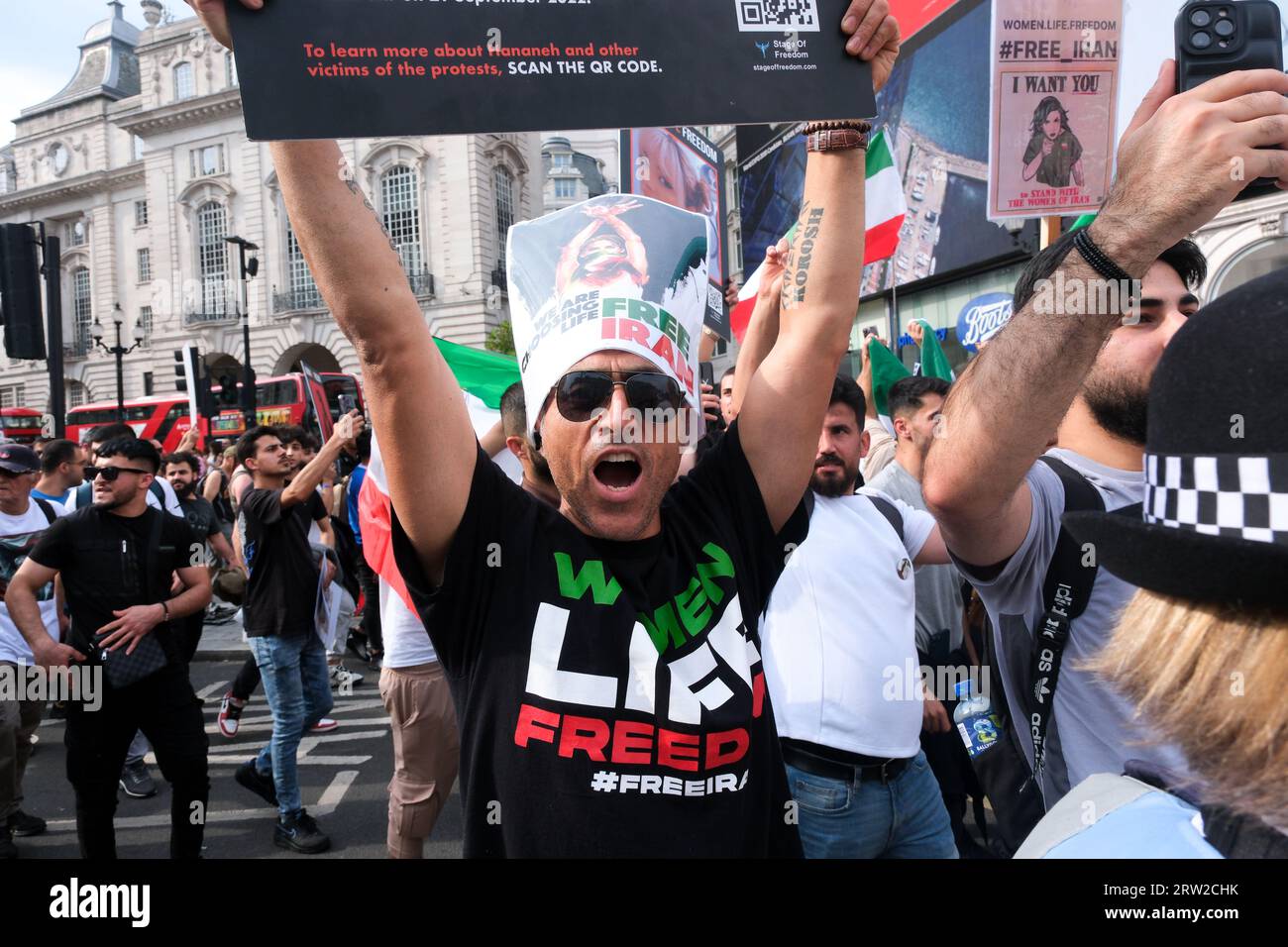 Piccadilly Circus, London, UK. 16th Sept 2023. Protests in London on the first anniversary of the death of Mahsa Amini who was arrested by Iranian morality police after not wearing a Hijab. Credit: Matthew Chattle/Alamy Live News Stock Photo