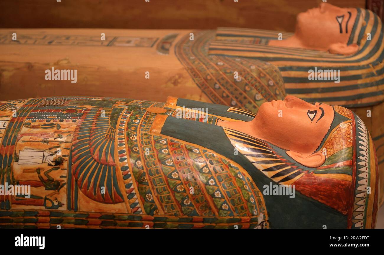 Egyptian wooden painted sarcophagus on brown background Stock Photo
