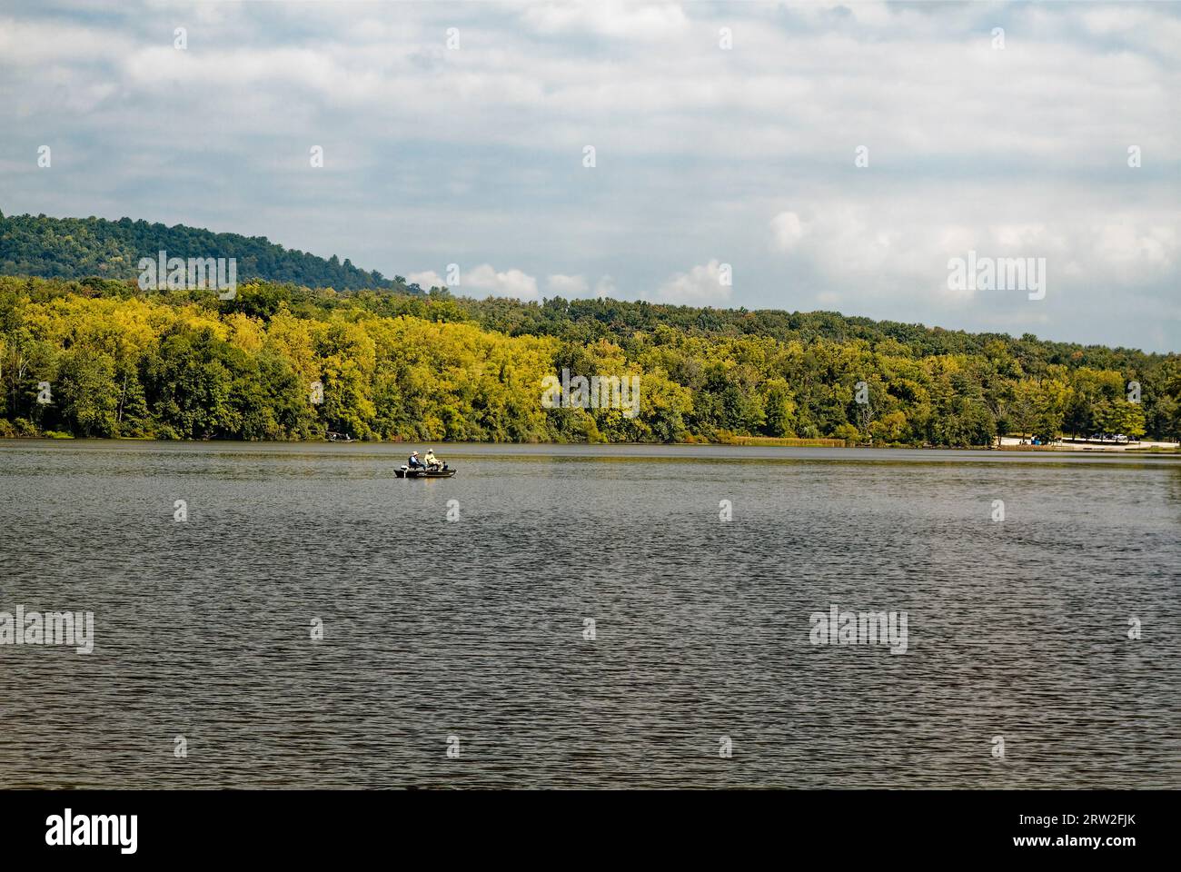 Pinchot Lake, people fishing, boat, water, tree lined, autumn color