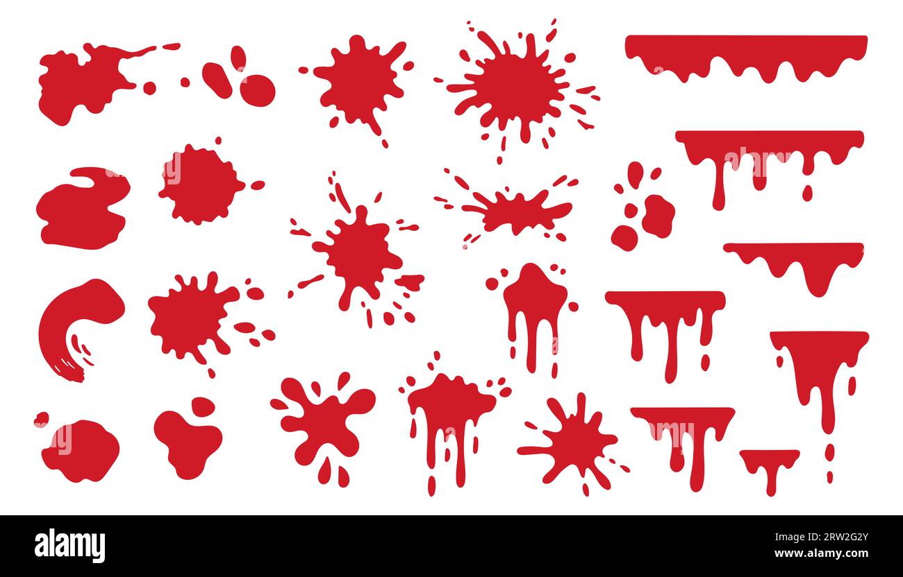 Blood splash set. Drop and blob of blood. Bloodstains. Isolated. Vector