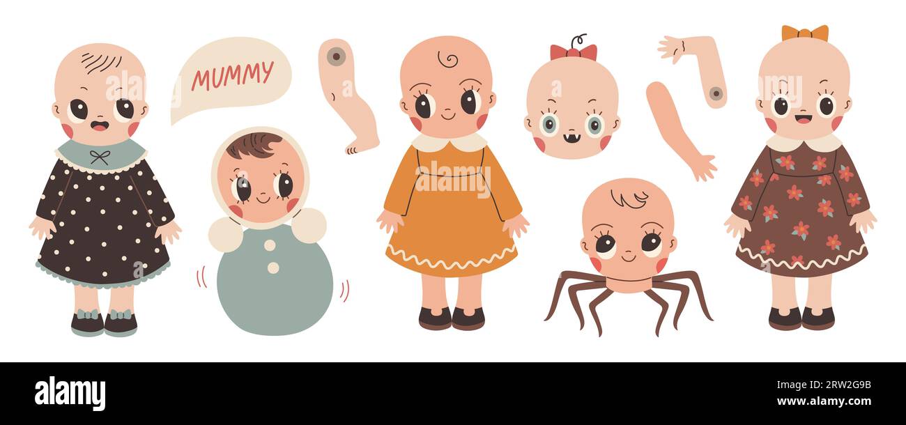 Creepy doll set. Cute Halloween dolls isolated on white flat vector. Halloween sticker, poster, banner, scrapbooking Stock Vector