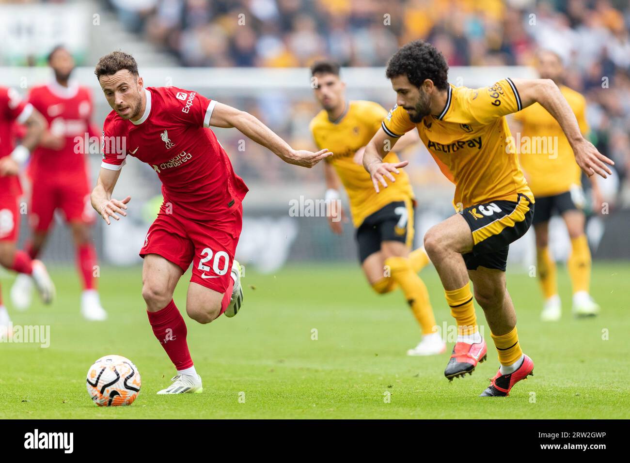 Wolverhampton, UK. 16th Sep 2023. Diogo Jota of Liverpool (L) and Rayan ...
