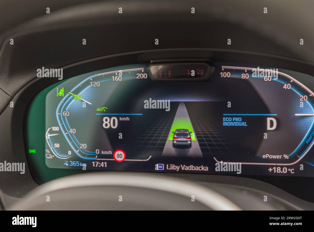 Closeup view of speedometer design moving car at 80 km per hour on new