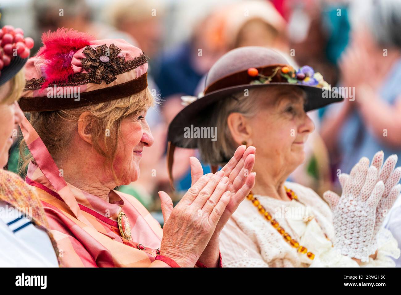 Close up side view of senior lady, head and shoulders, clapping her