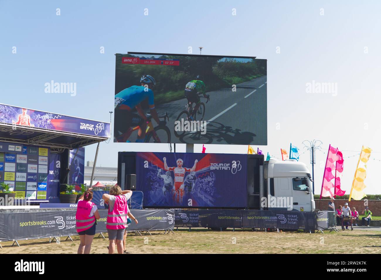 A large screen on the back of a lorry showing the Tour of Britain stage 5 live. The stage starts and finishes in Felixstowe. Stock Photo