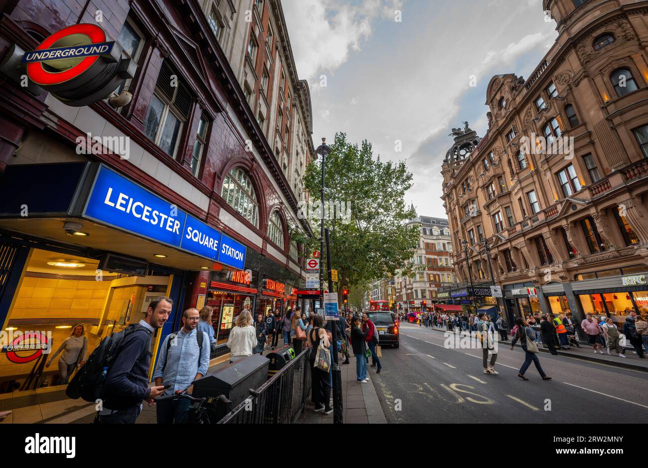 London, UK: Leicester Square underground station on Charing Cross Road located in London's West End. Stock Photo