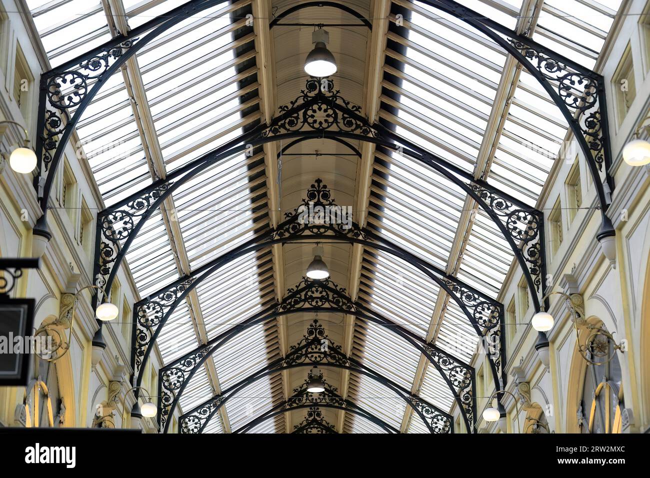 933 Glass roof on iron arches of the AD 1870 opened The Royal Arcade, Australia's oldest extant shopping arcade. Melbourne. Stock Photo