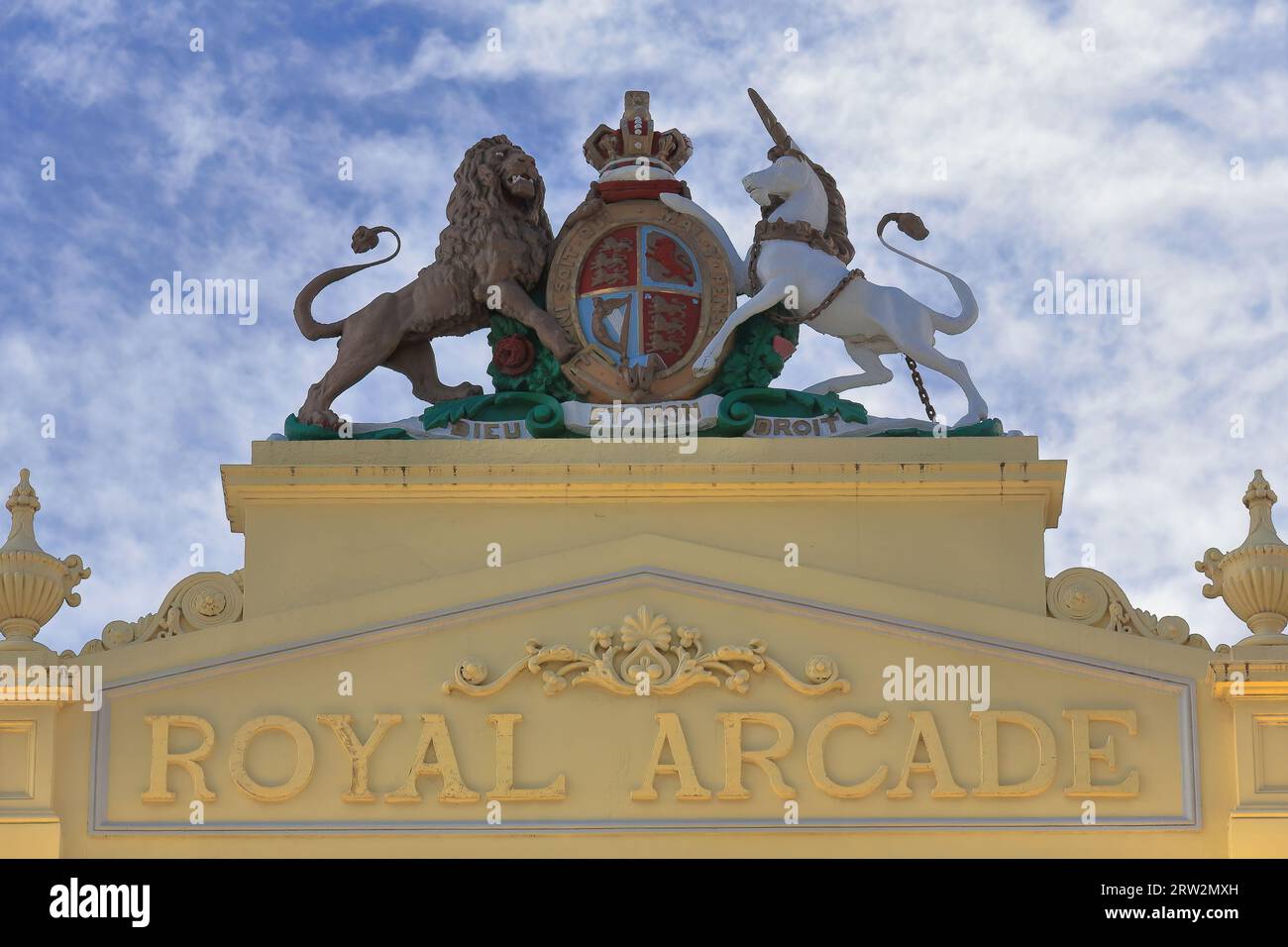 936 United Kingdom royal coat of arms atop The Royal Arcade's Bourke St.facade, Australia's oldest extant shopping arcade. Melbourne. Stock Photo