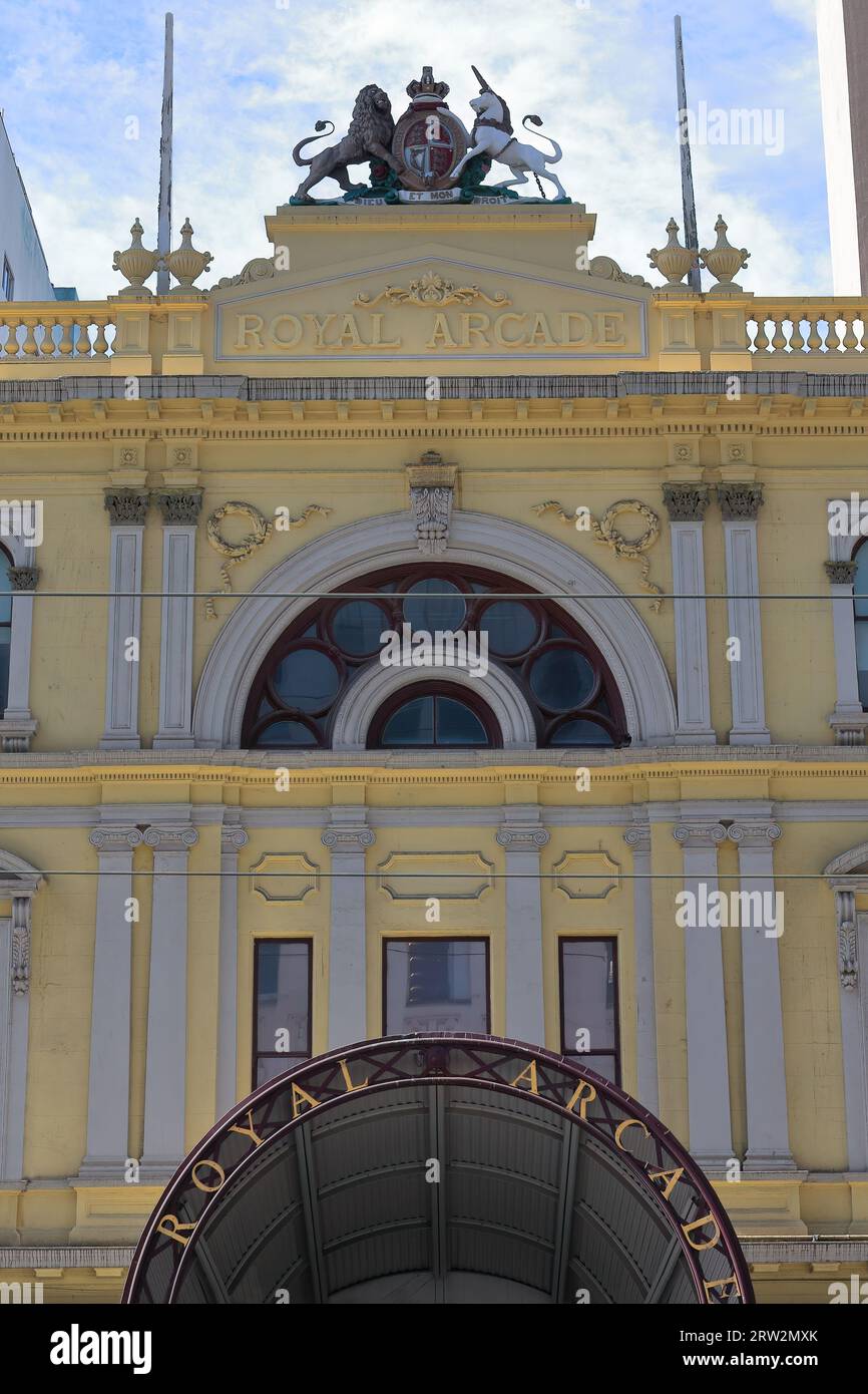 937 The Royal Arcade's Bourke Street yellow-painted facade, Australia's oldest extant shopping arcade. Melbourne. Stock Photo
