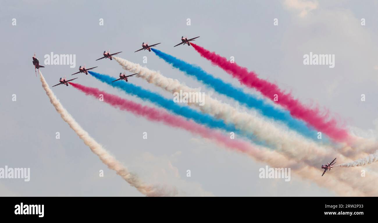 Duxford, Cambridgeshire, UK. 16th Sep 2023. The RAF Aerobatic Team, the Red Arrows, put on a dynamic display at the Duxford Battle of Britain Air Show. Credit: Stuart Robertson/Alamy Live News. Stock Photo