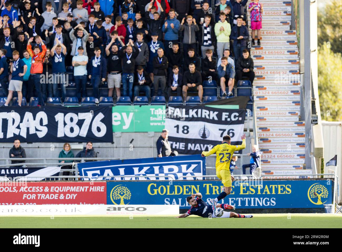 Falkirk, Scotland. 16 September 2023.  The Falkirk fans cheer a good defensive tackle  Falkirk Vs Queen of the South, Cinch League One  Credit: Raymond Davies / Alamy Live News Stock Photo