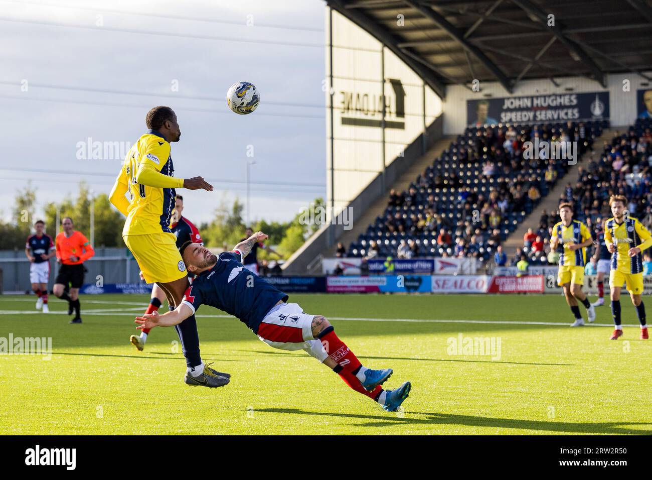 Falkirk, Scotland. 16 September 2023.  Efe Ambrose (24 - Queen of the South) wins the ball in the air  Falkirk Vs Queen of the South, Cinch League One  Credit: Raymond Davies / Alamy Live News Stock Photo