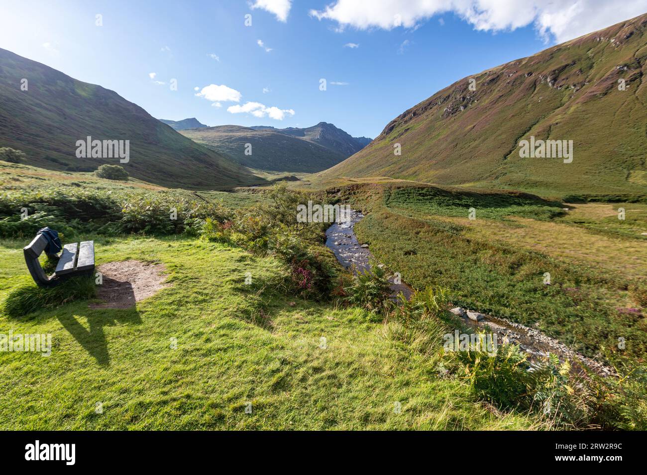 Bench looking Glenrosa waters, Glen Rosa, Goat Fell, Isle of Arran ...