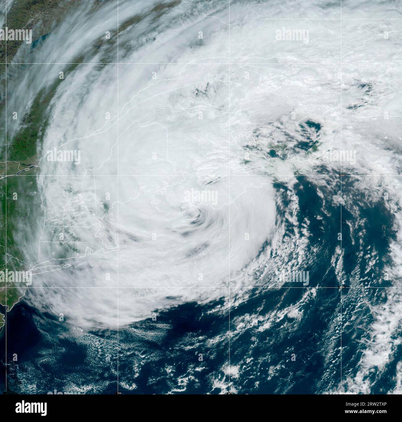 Miami, United States. 16th Sep, 2023. NOAA GEOS-East satellite image showing Post-Tropical Cyclone Lee lashing Maine and parts of New England as the weakened storm prepares to make landfall in Nova Scotia, September 16, 2023. Credit: NESDIS/STAR/NOAA/Alamy Live News Stock Photo
