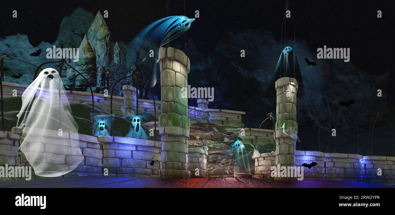 Beautiful Halloween background. Spooky horror night scene with enchanted castle with ghosts in the night. 3D render illustration. Stock Photo