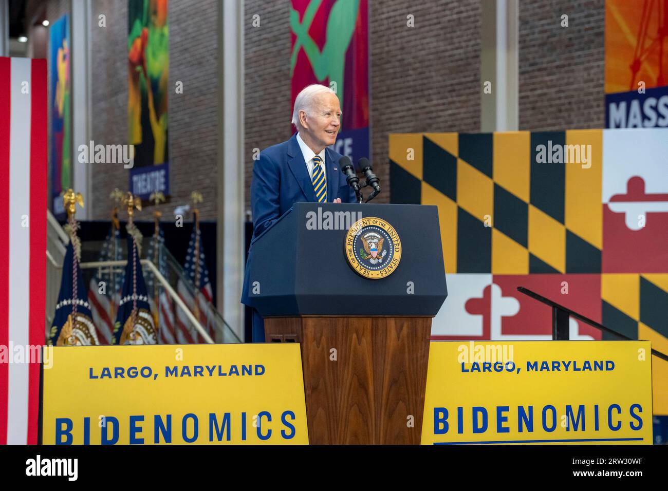 Largo, United States. 14th Sep, 2023. U.S President Joe Biden delivers remarks on the economy at Prince Georges Community College, September 14, 2023, in Largo, Maryland, USA. Biden blasted Republican extremism and their threats to shut down the government. Credit: Adam Schultz/White House Photo/Alamy Live News Stock Photo