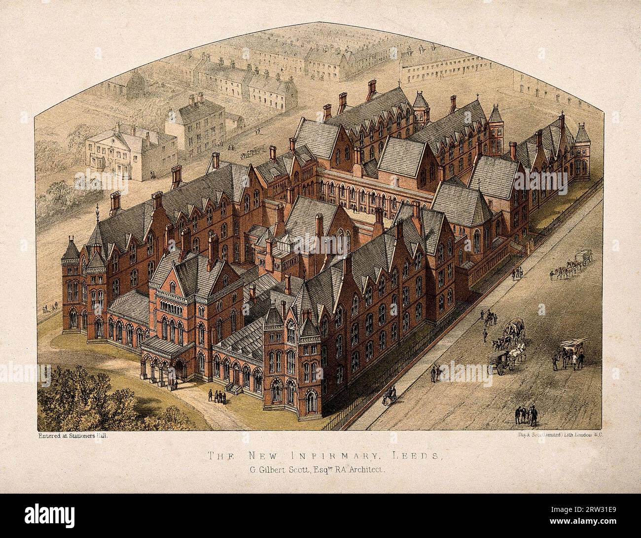 New Infirmary, Leeds, Yorkshire: bird's-eye view. Coloured lithograph ...