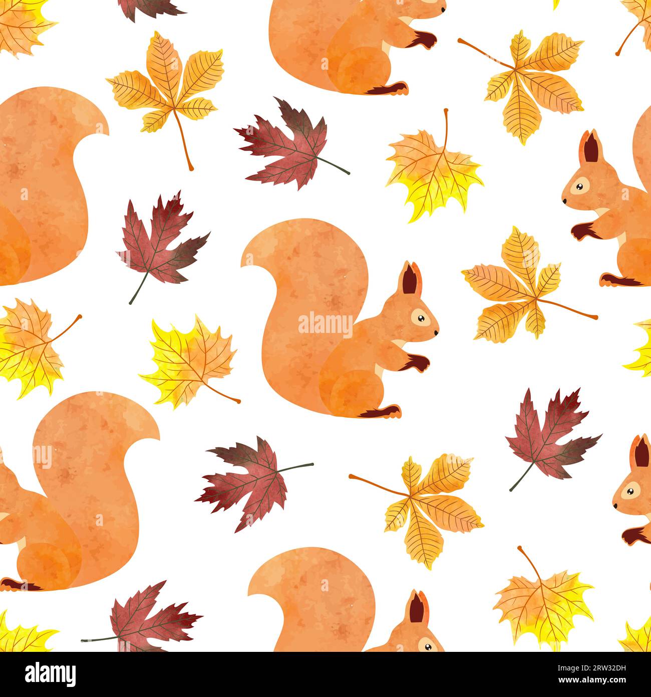 Seamless autumn pattern with squirrel, Vector watercolor fall illustration. Stock Vector