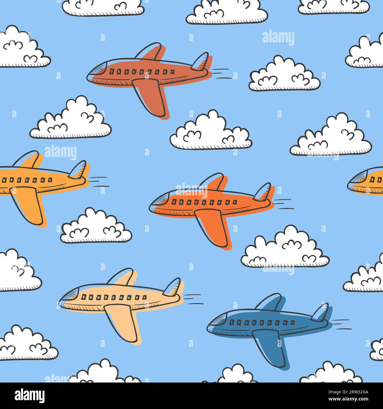 Hand drawn seamless vector pattern with planes and clouds. Stock Vector