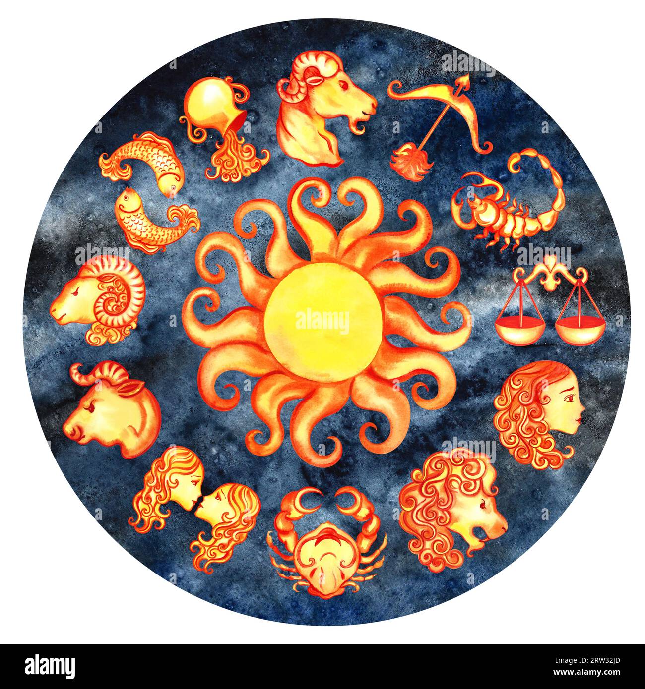 Zodiac signs according to the horoscope The watercolor is hand drawn