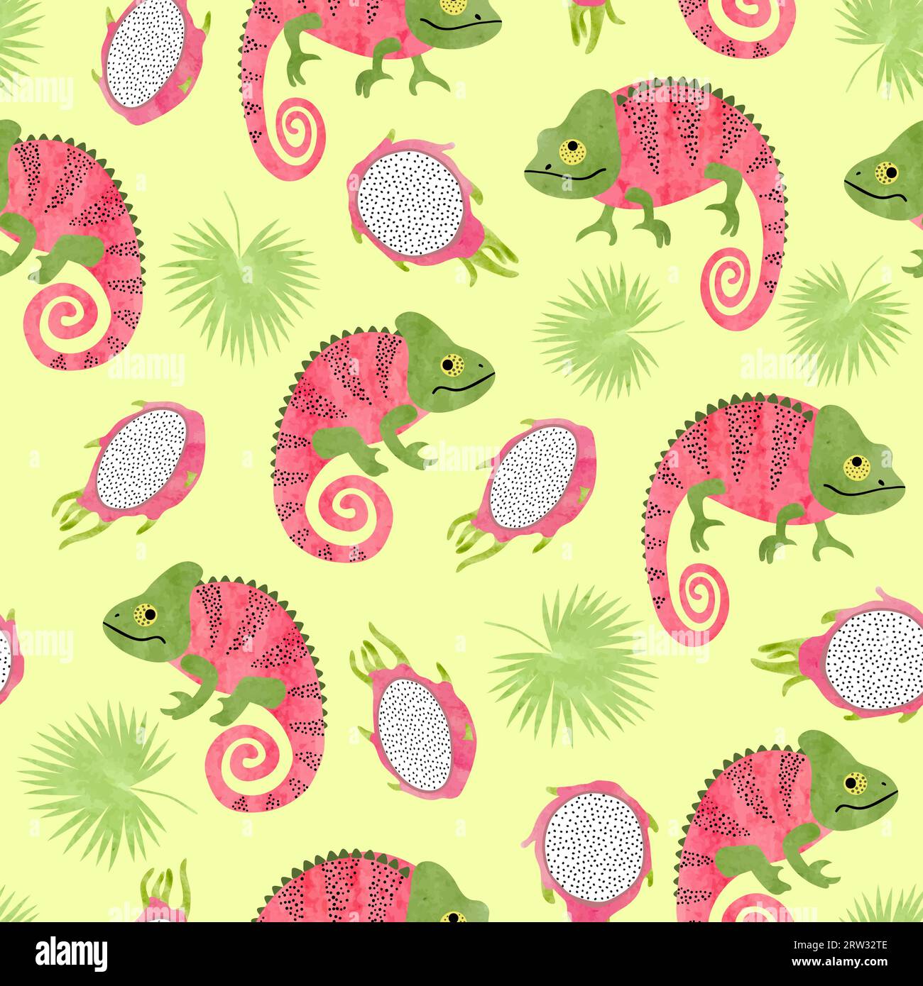 Seamless tropical pattern with chameleons and dragon fruits. Stock Vector