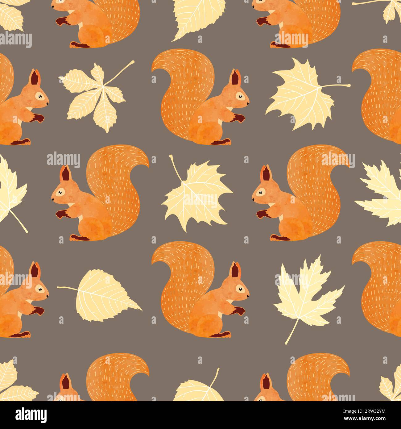 Seamless vector pattern with squirrels and autumn leaves. Stock Vector