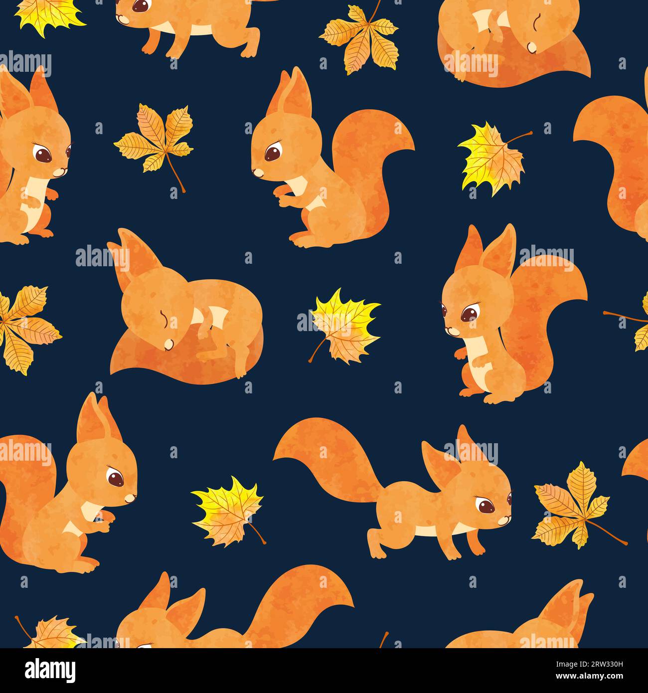 Seamless vector autumn pattern with cute squirrels and leaves. Stock Vector
